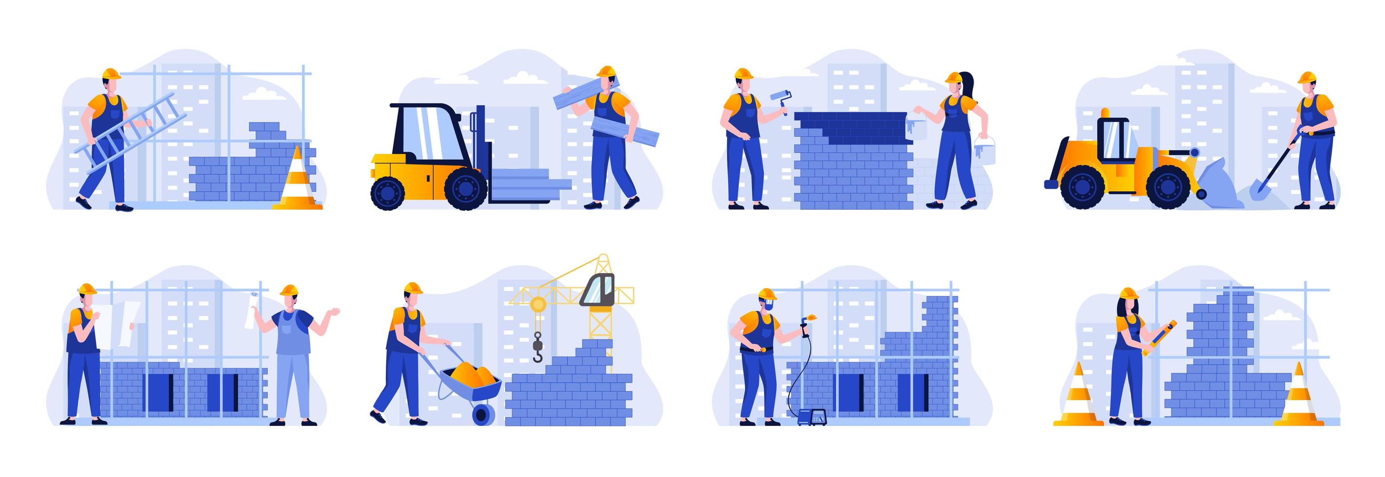 Paquete de escenas de obras de construcción con personas. vector