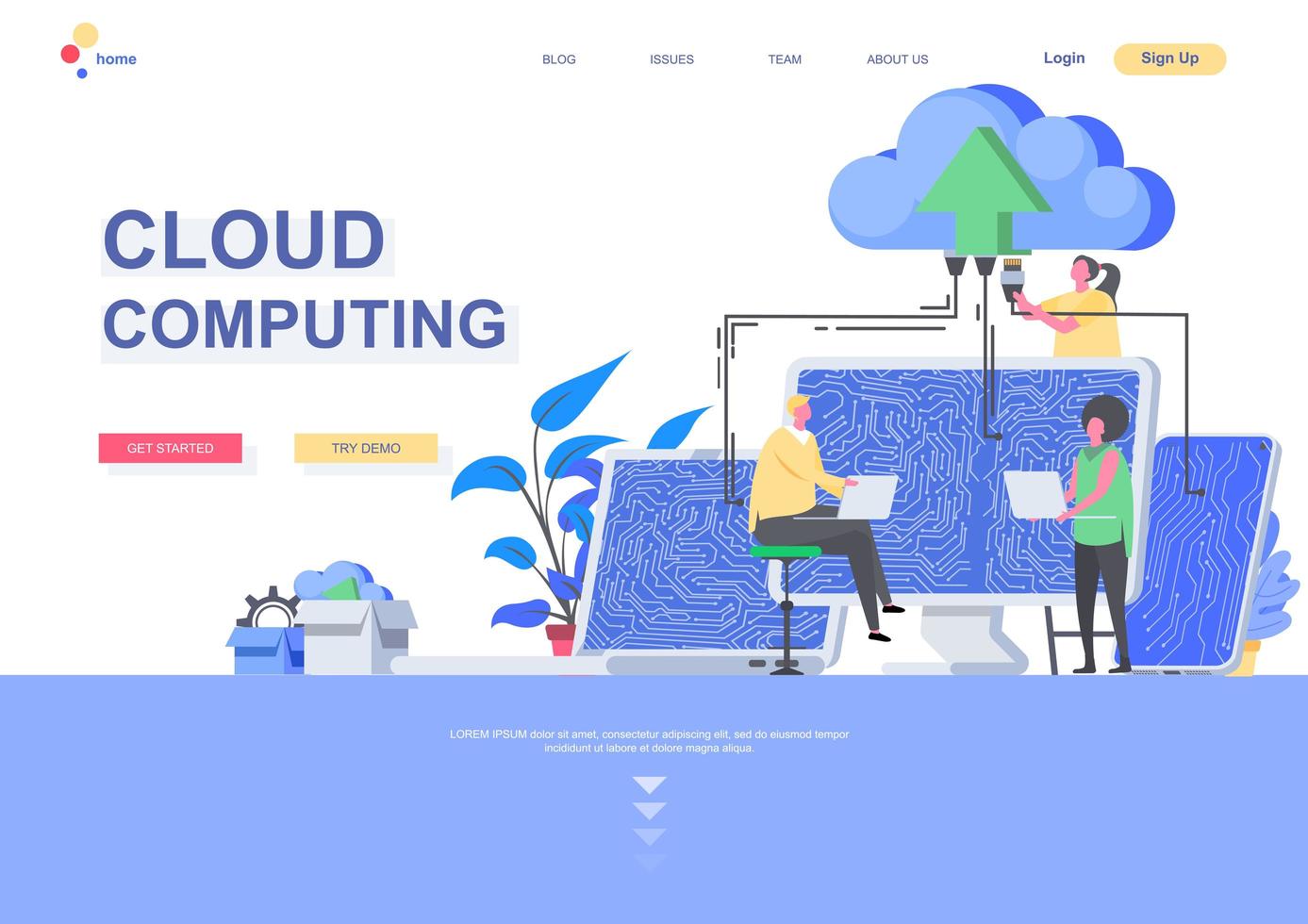 Cloud computing flat landing page template vector