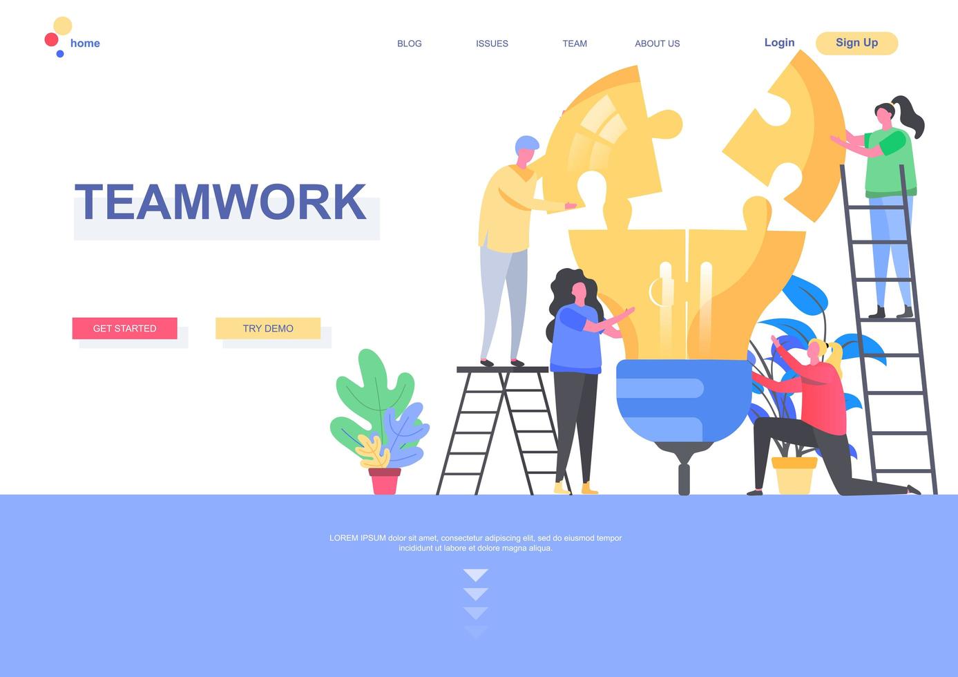 Teamwork landing page template vector