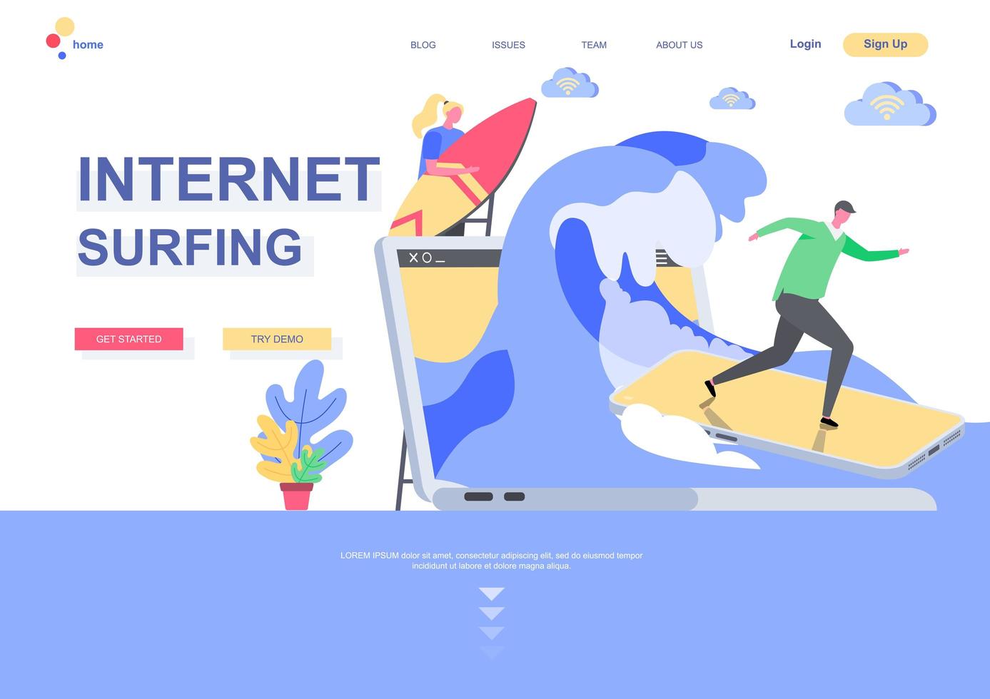 Internet surfing flat landing page template vector