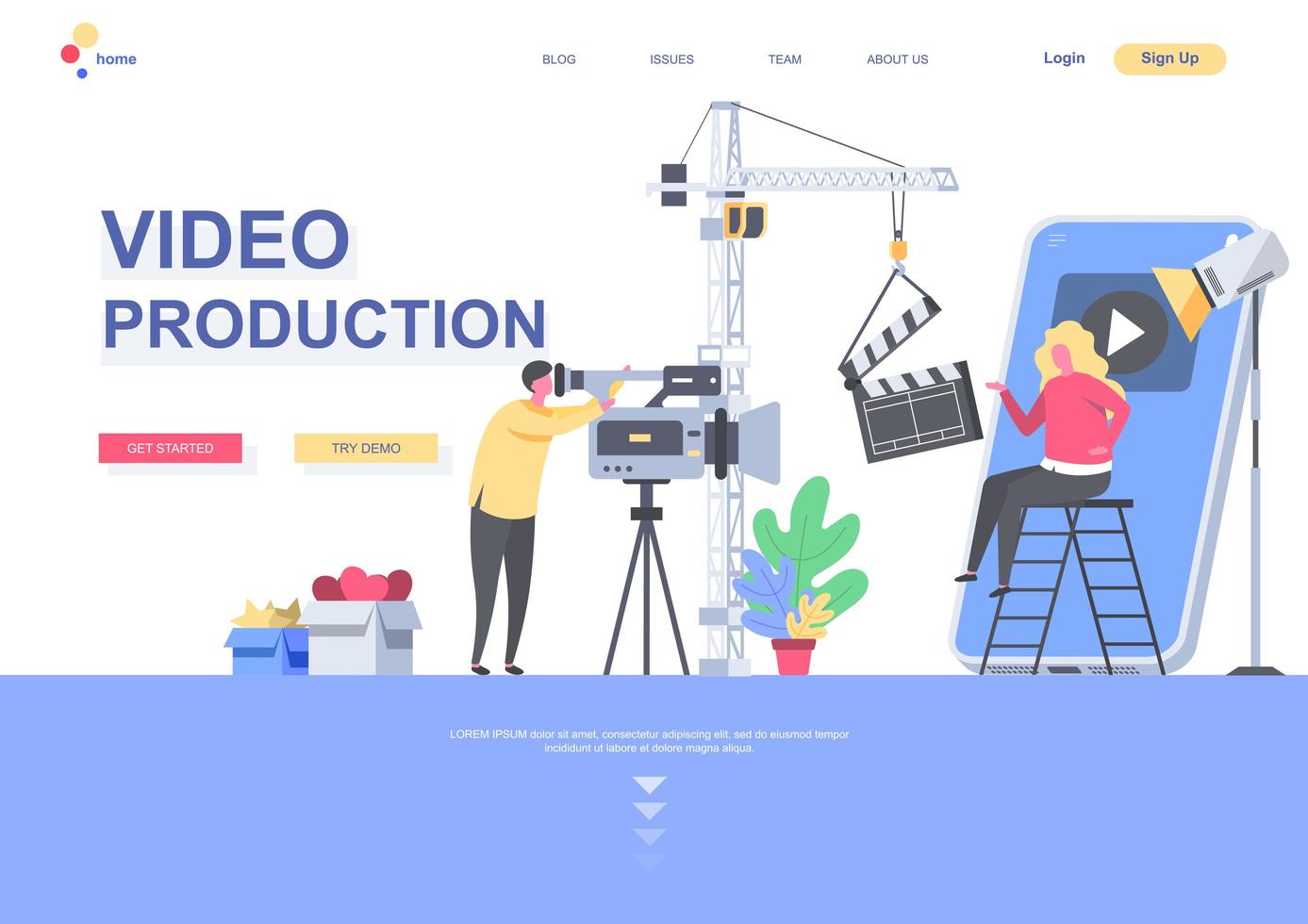 Video production flat landing page template vector