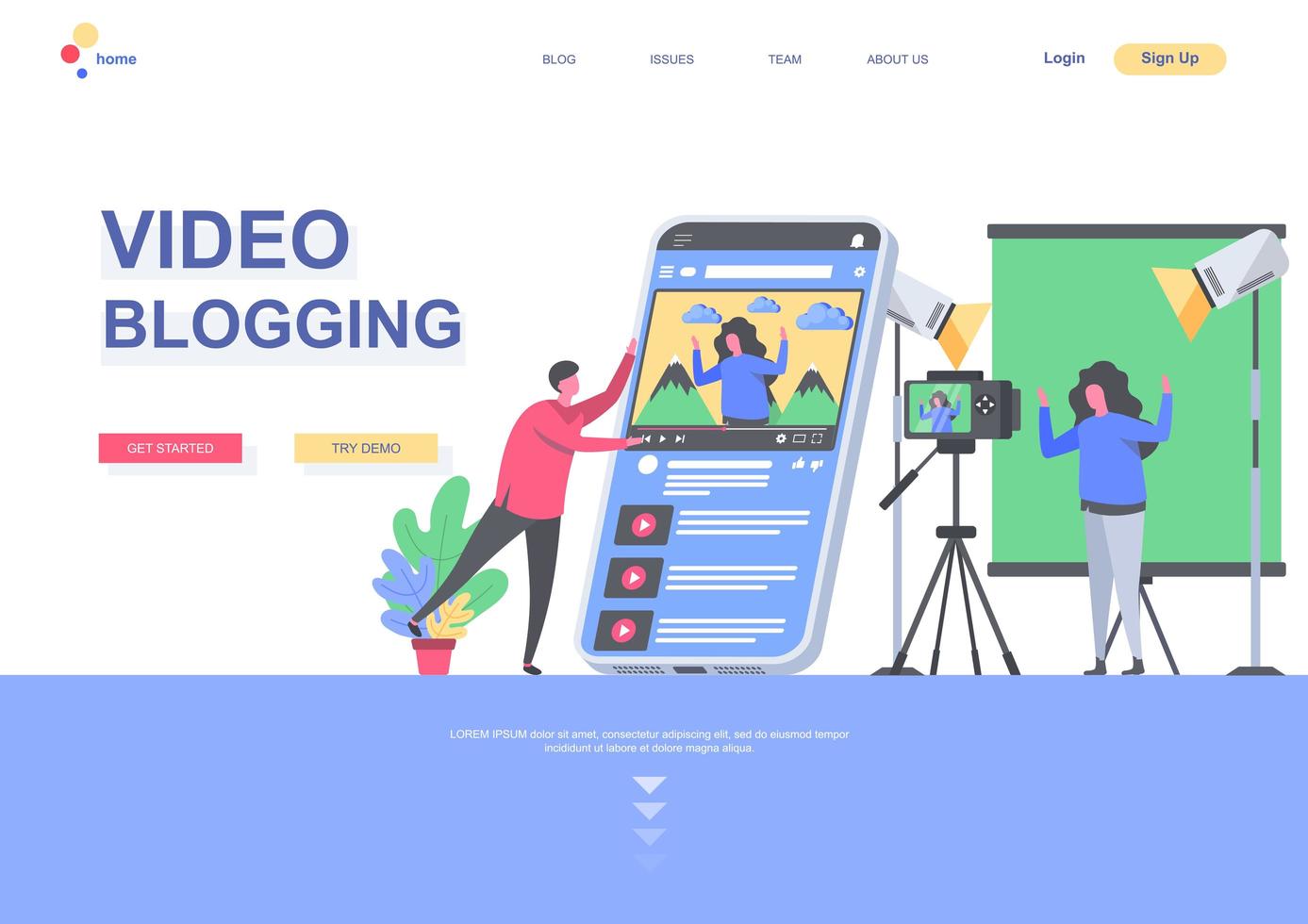 Video blogging flat landing page template vector