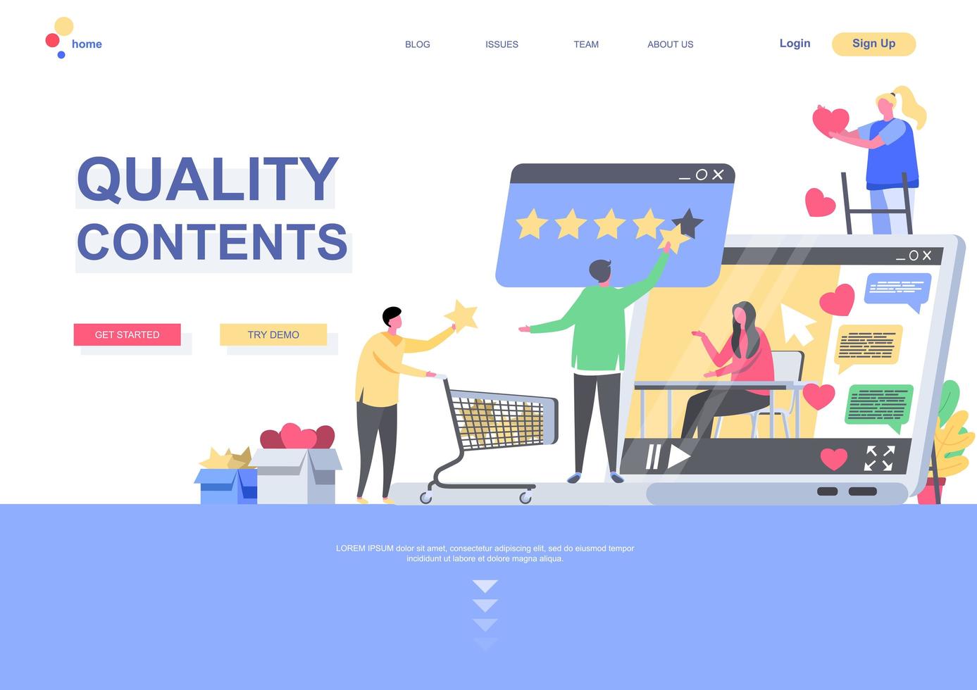 Quality contents flat landing page template vector