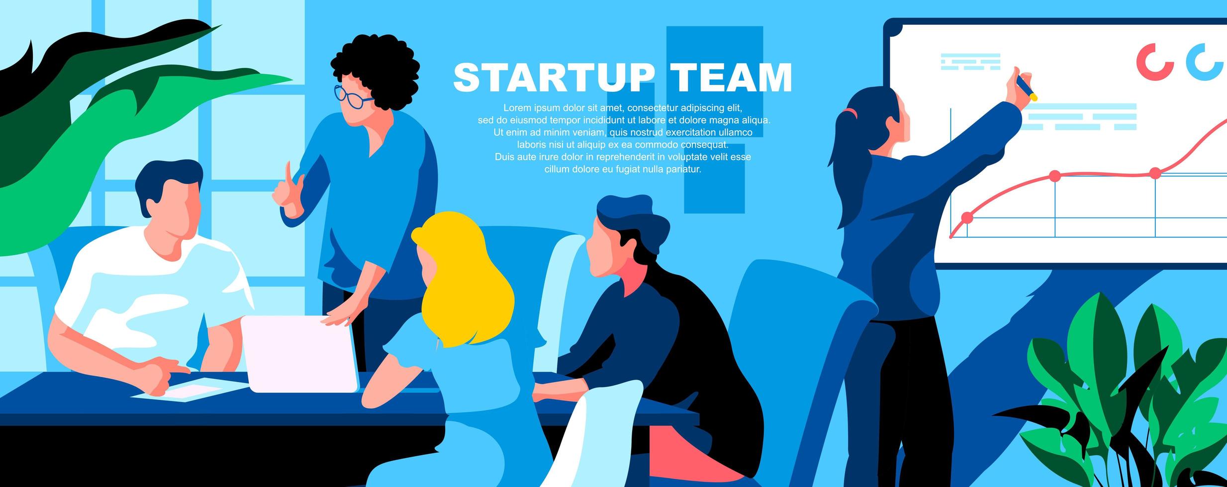 Startup team flat landing page template vector