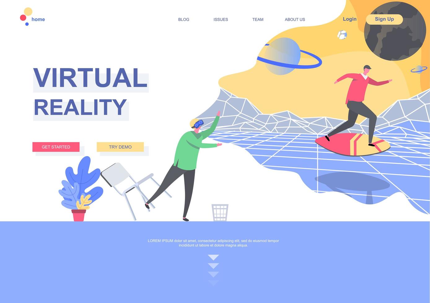 Virtual reality flat landing page template vector