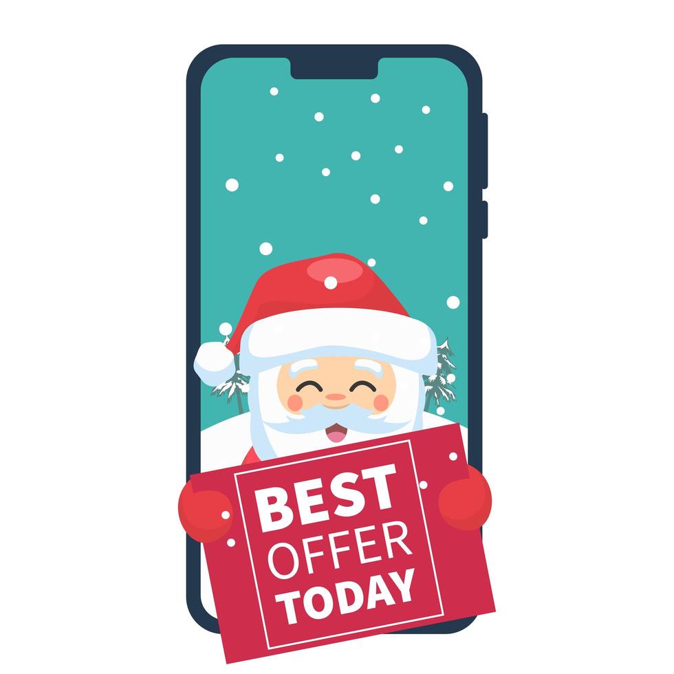 santa claus en celular con cartel de venta vector