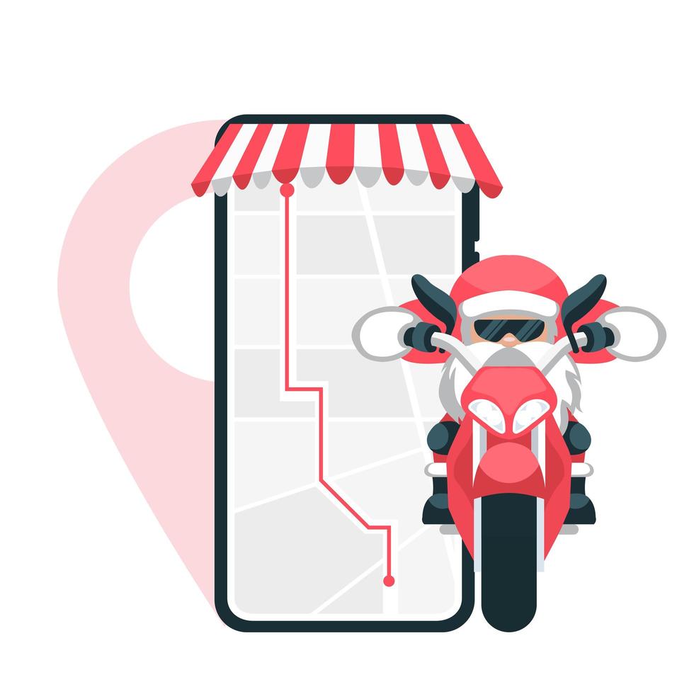 Santa Claus making smartphone delivery on motorcycle vector