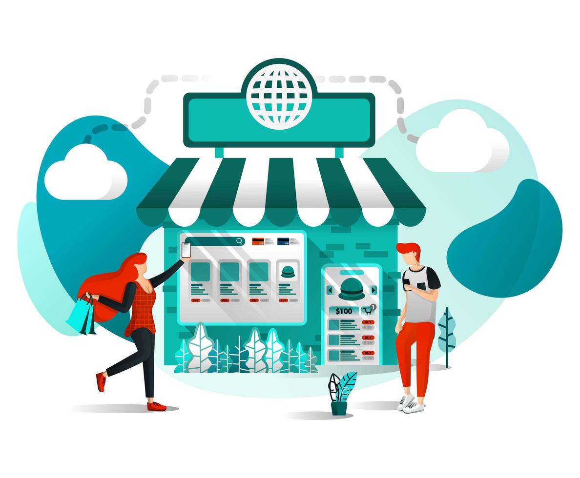 concepto de ilustración vectorial para sitios web, aplicaciones, interfaz de usuario, impresión, póster. la tienda fuera de línea está en línea. tienda unirse al mercado o marketing digital de comercio electrónico, la gente compra con solo un clic con un personaje de dibujos animados plano vector