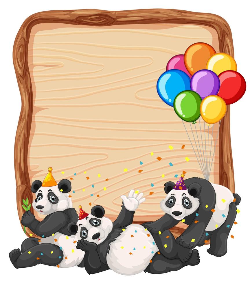 Plantilla de tablero de madera en blanco con pandas en tema de fiesta aislado vector