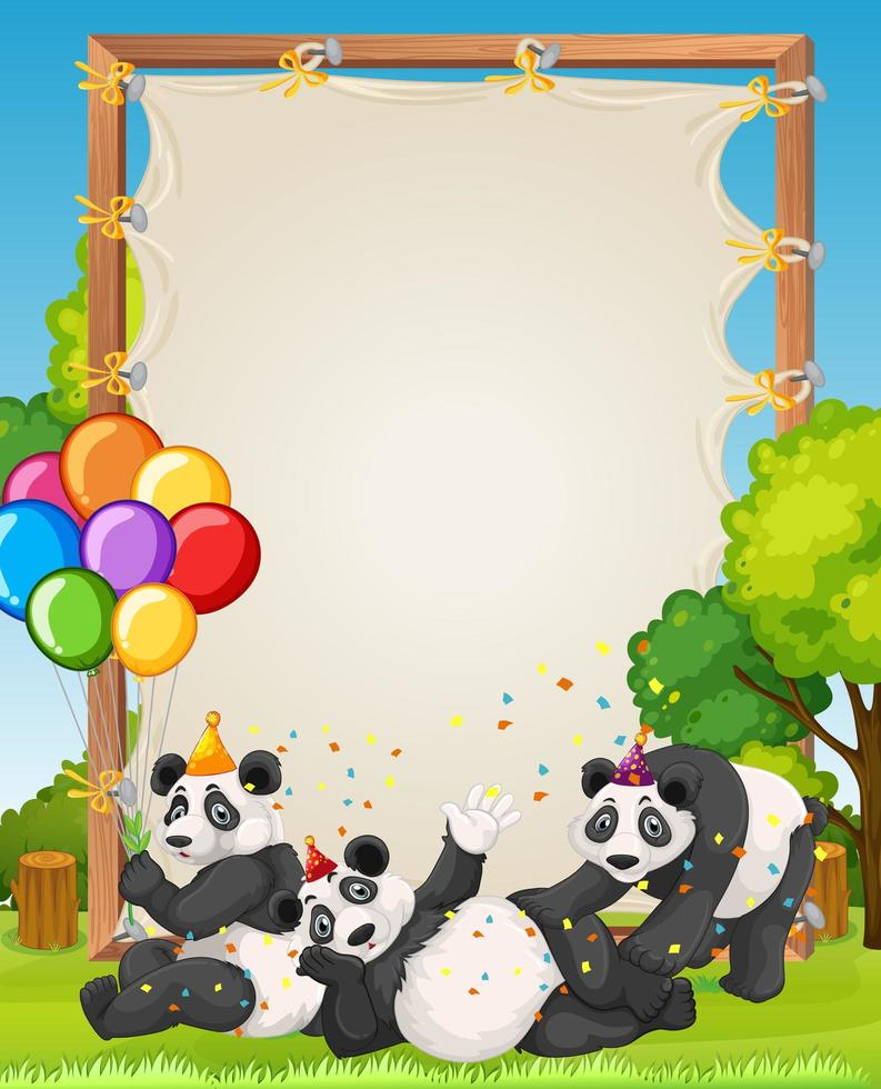 Canvas wooden frame template with pandas in party theme on forest background vector