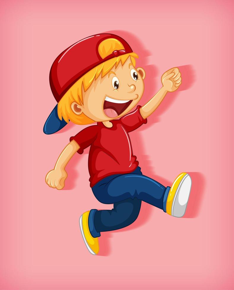 Cute boy wearing red cap with stranglehold in walking position cartoon character isolated on pink background vector