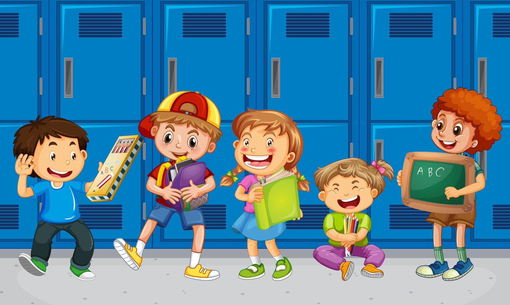 Children talking with their friends with school lockers background vector