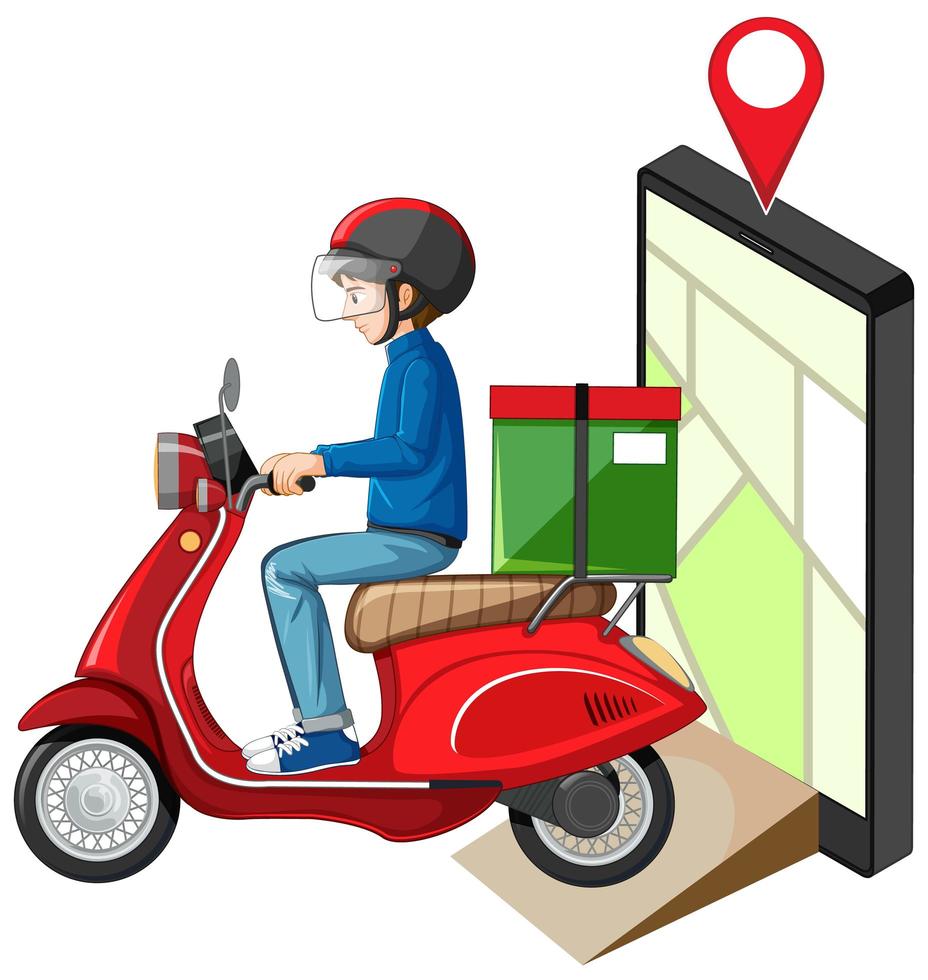 Delivery man diving motorcycle or moterbike with map screen on tablet vector