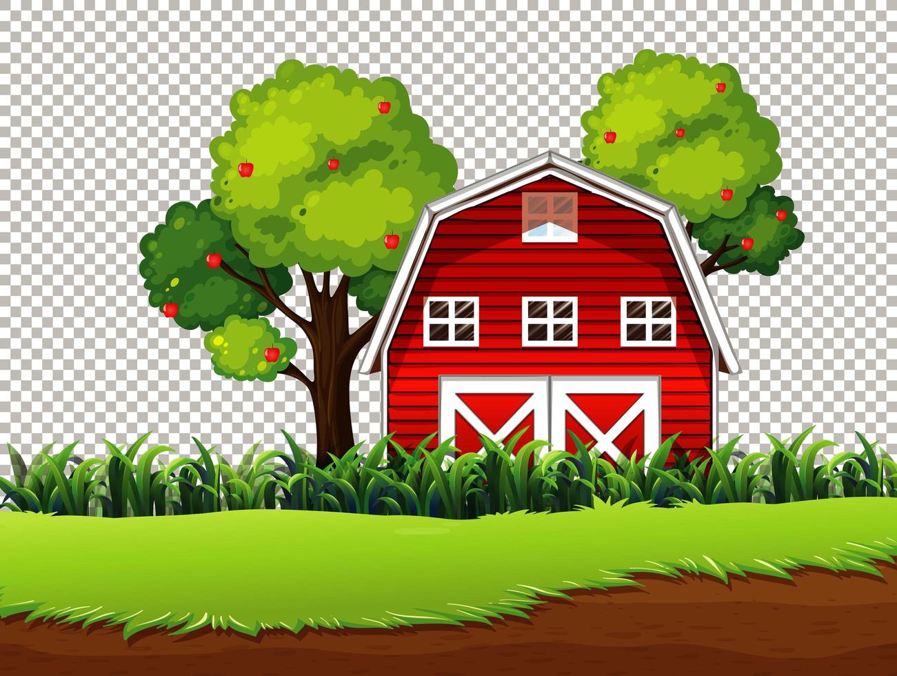 Red barn with meadow and apple tree on transparent background vector