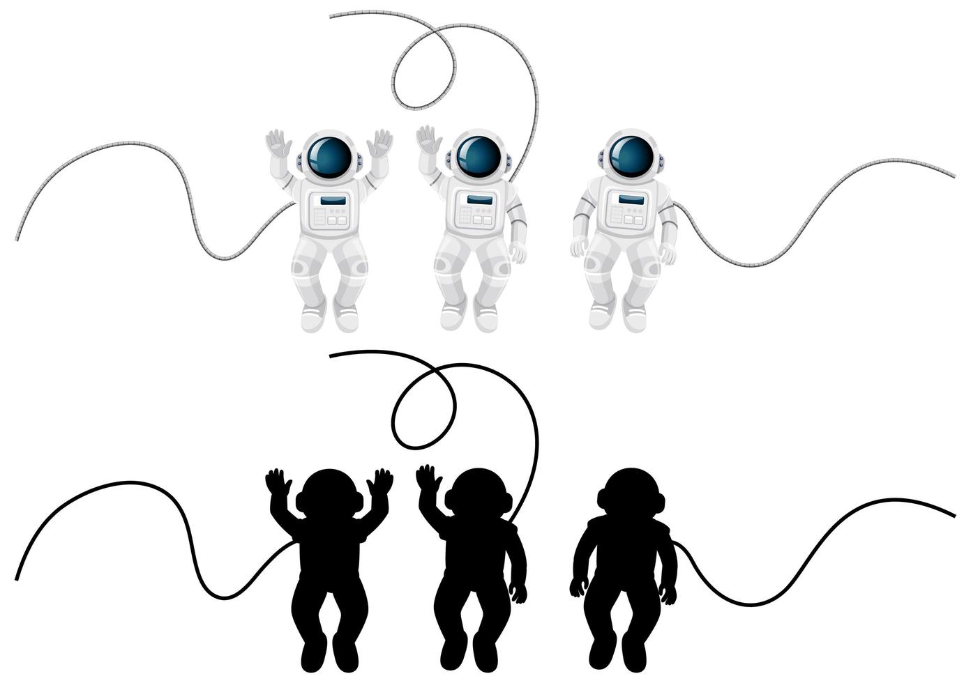 Set of astronaut characters and its silhouette on white background vector