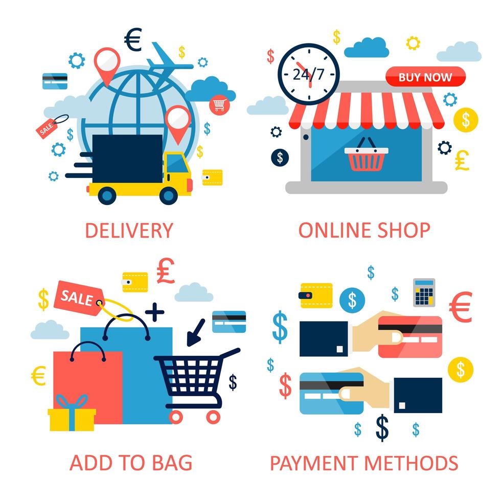 conjunto de compras online y comercio electrónico. vector