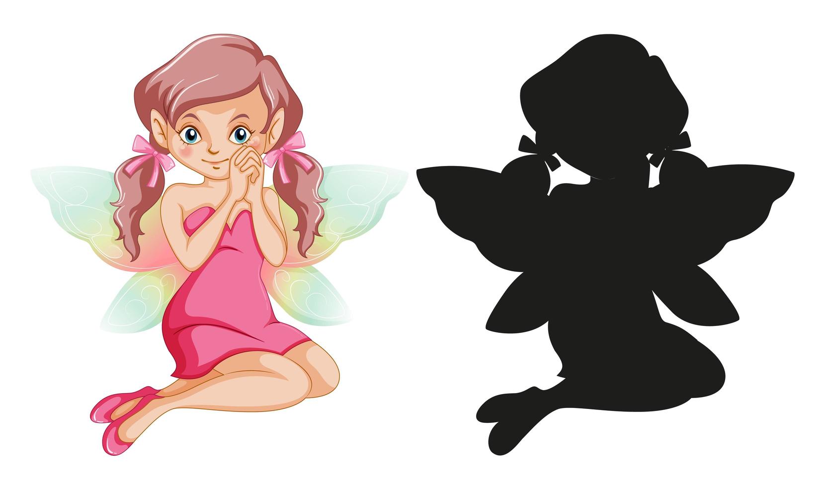 Set of fairy characters and its silhouette on white background vector