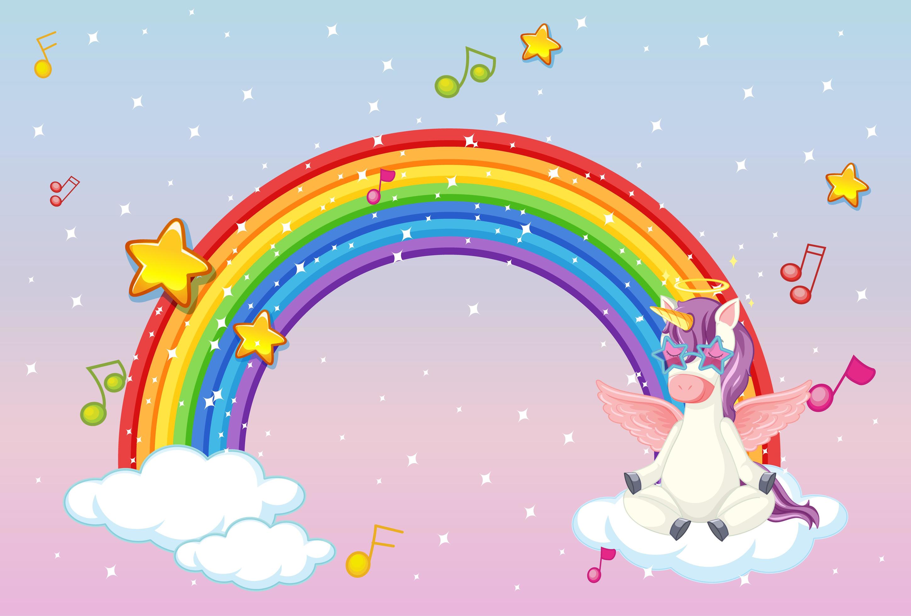 Rainbow with cute unicorn or pegasus on pastel sky background 1436782