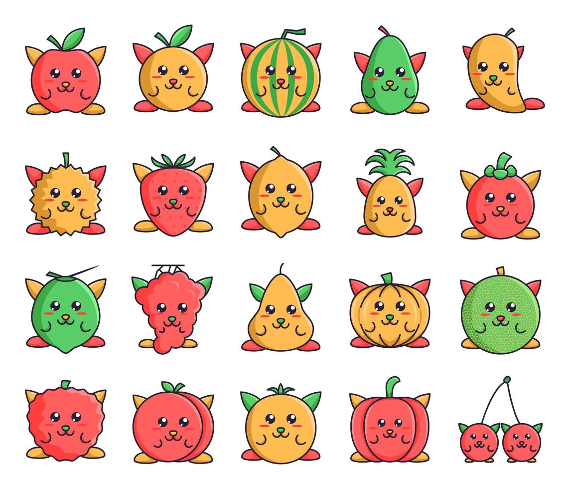 paquete de iconos de frutas con personajes lindos vector