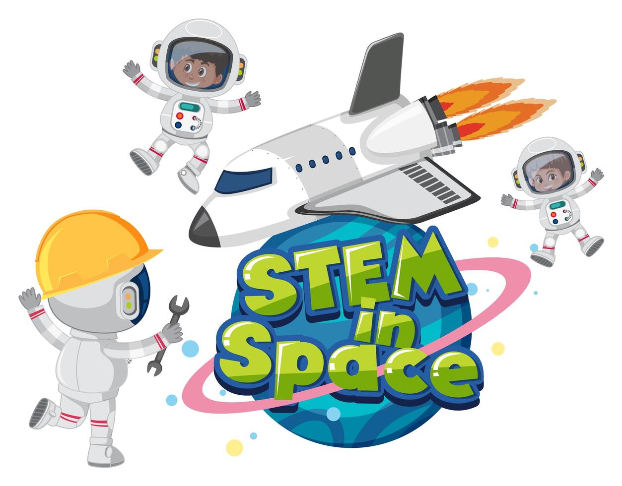 Stem in space logo with astronauts and space objects isolated vector