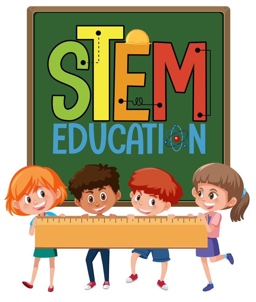 Stem education logo with kids holding ruler isolated vector