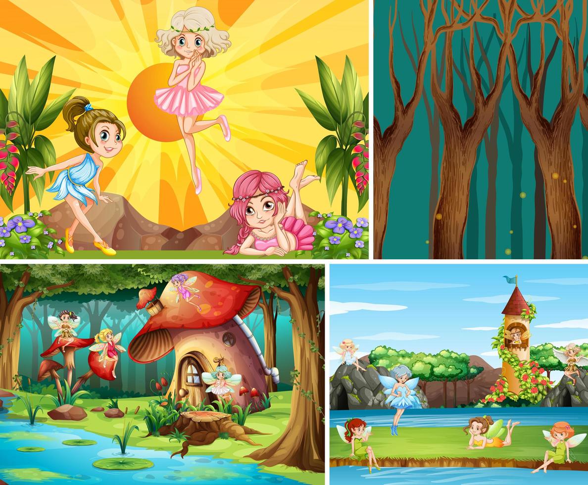 For different scene of fantasy world with fantasy places and fantasy character such as pumpkin house and fairies vector
