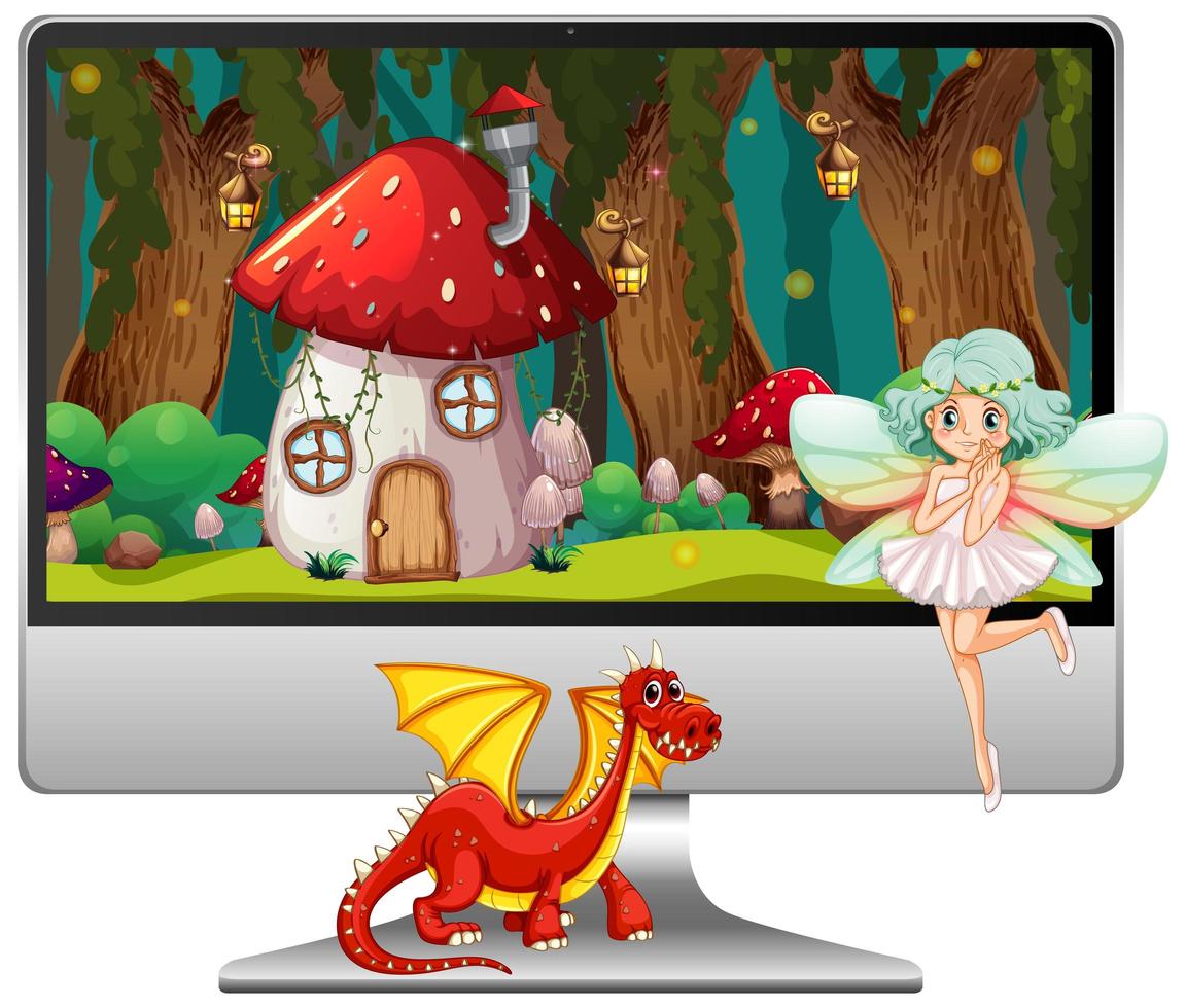 Fairy tale on computer screen isolated on white background vector