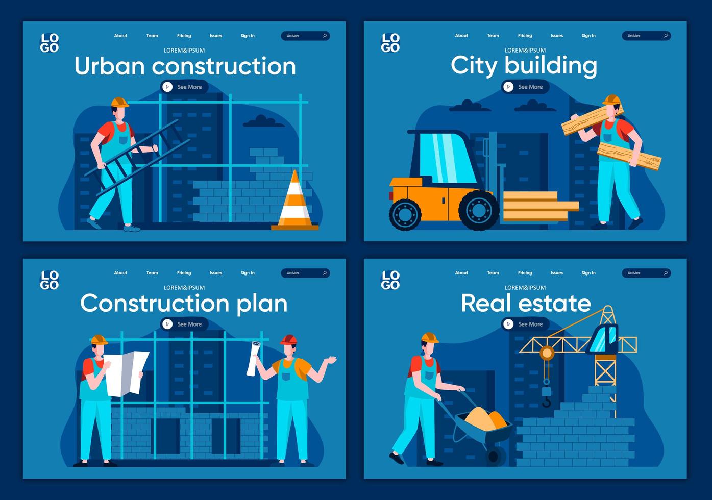 City building, flat landing pages set vector