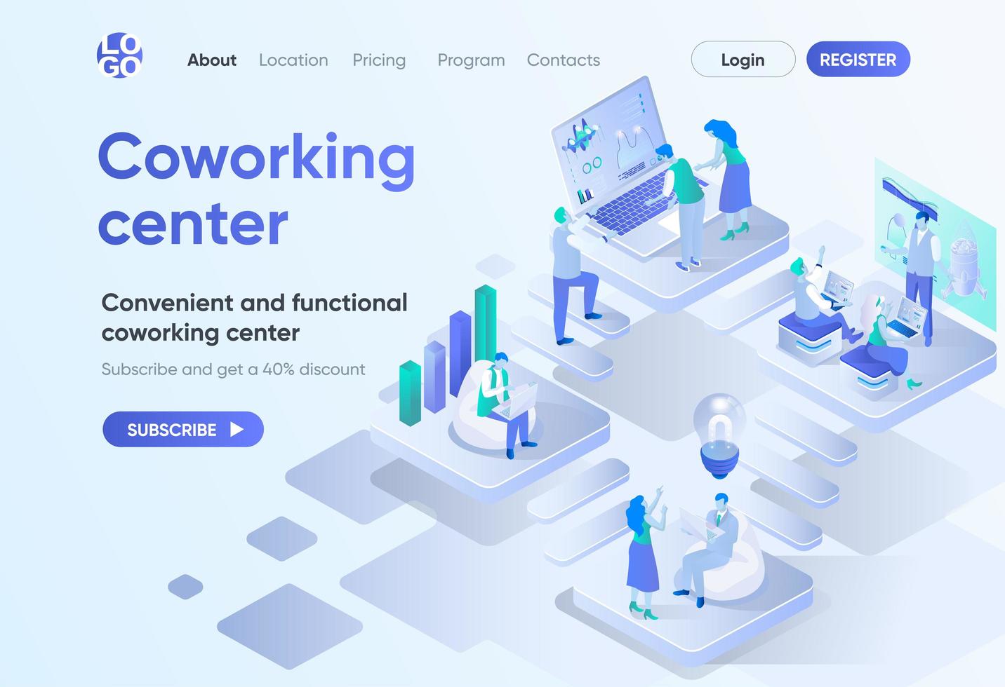 Coworking center isometric landing page vector