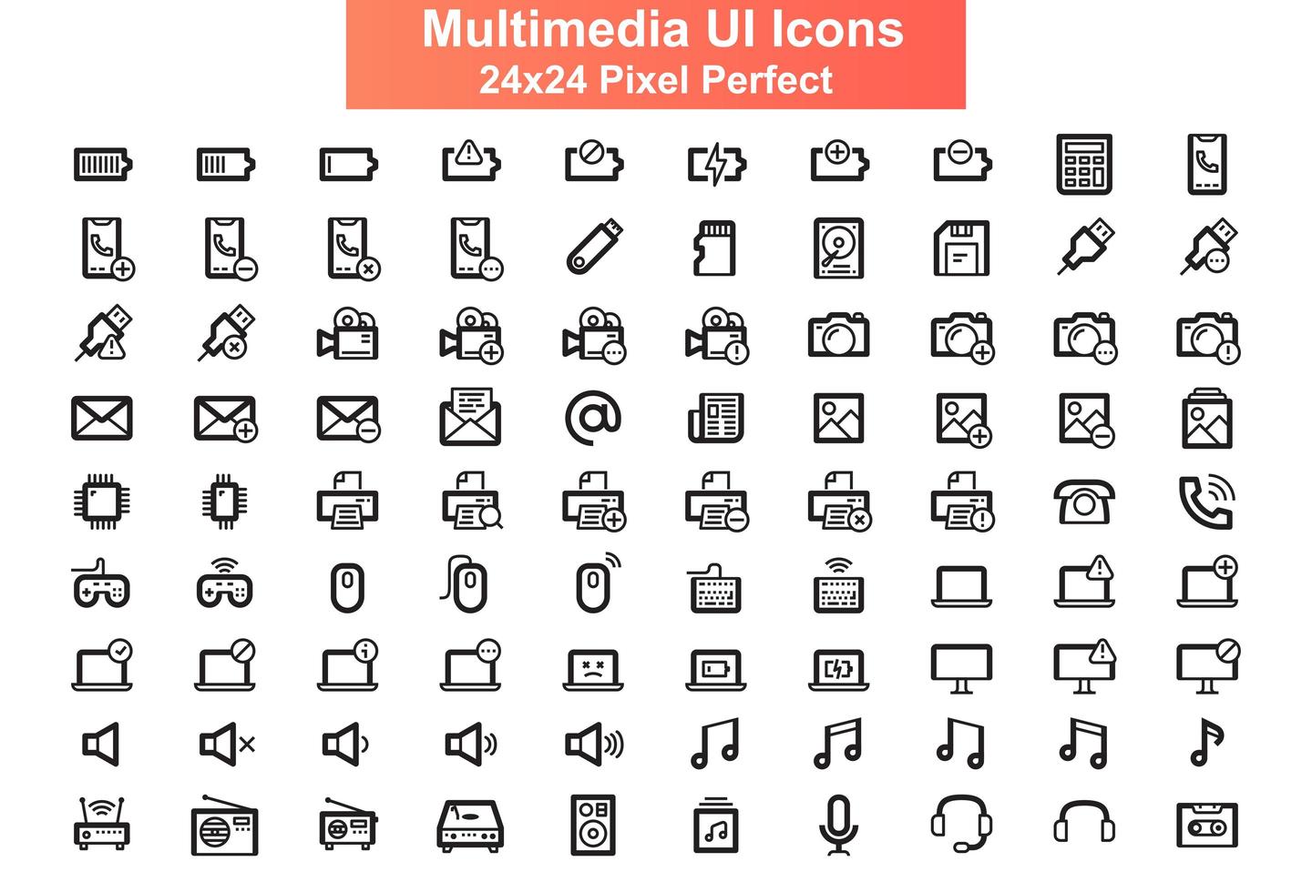 UI icons set, 24x24 grid vector