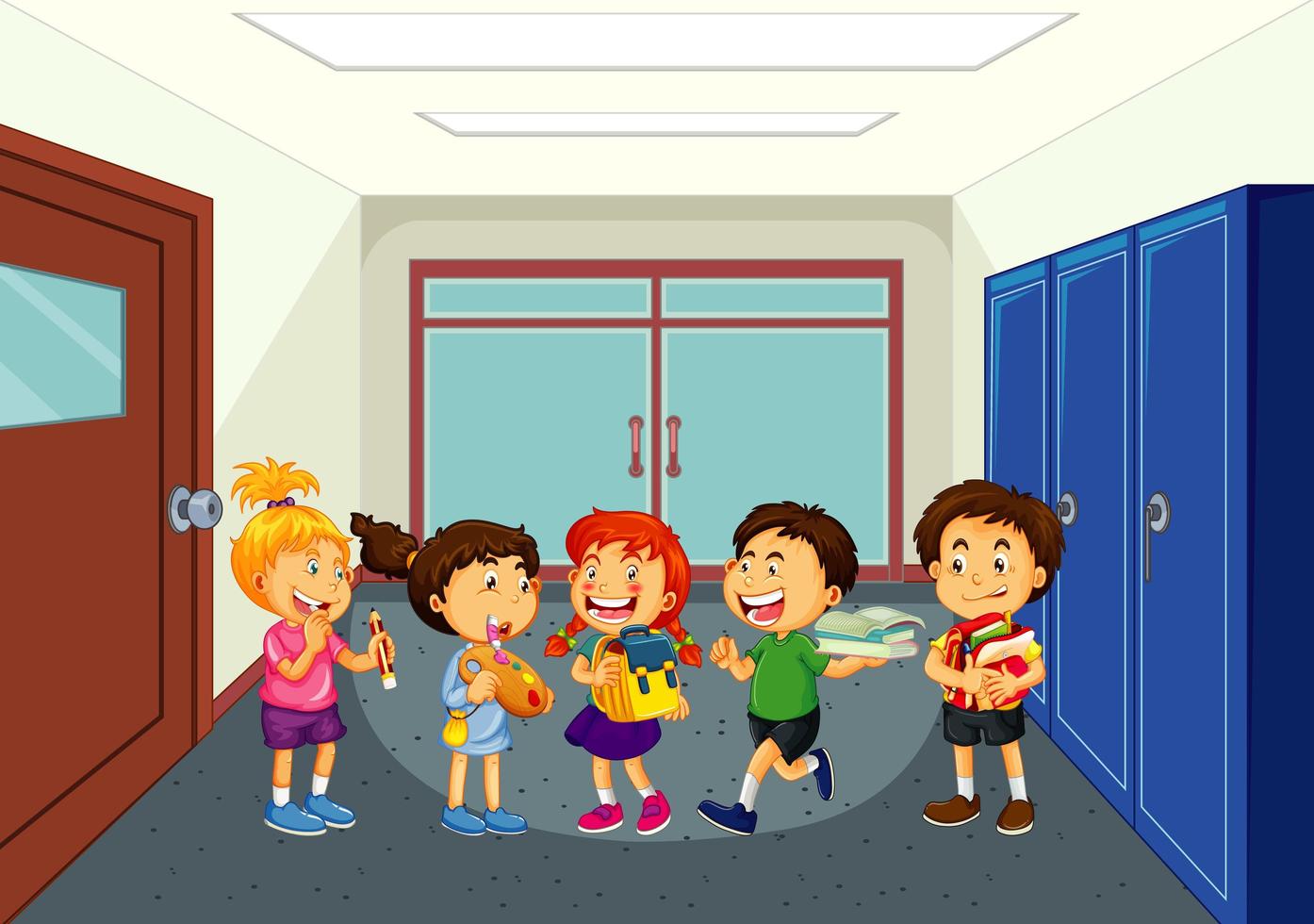 Happy children at school hallway vector