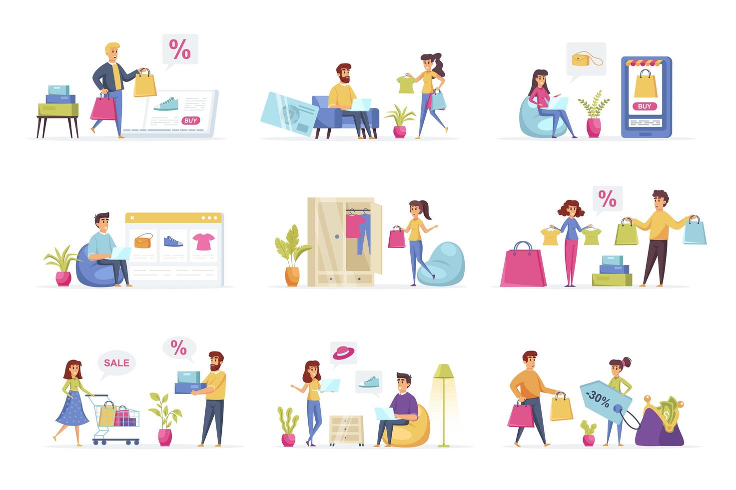 Shopping scenes bundle with people characters vector