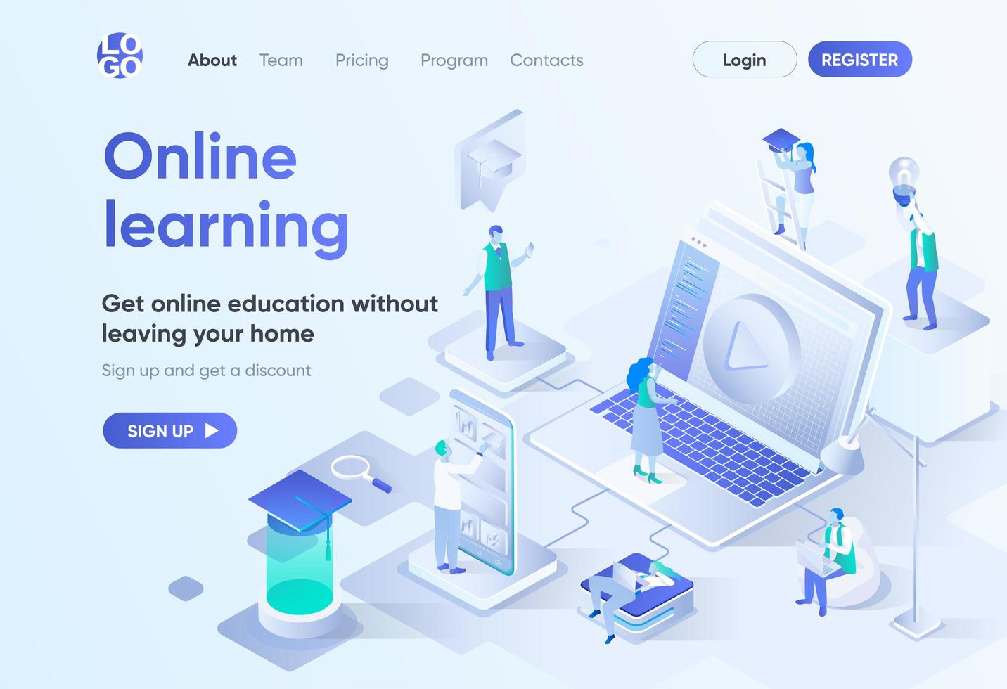 Online learning isometric landing page vector