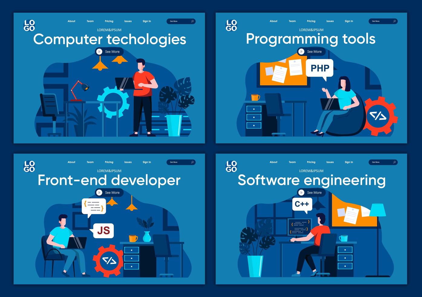 Computer technologies, flat landing pages set vector