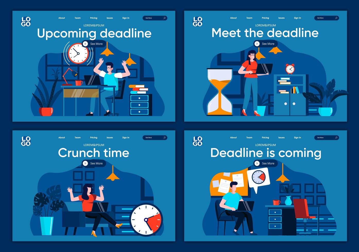 Deadline is coming, flat landing pages set vector