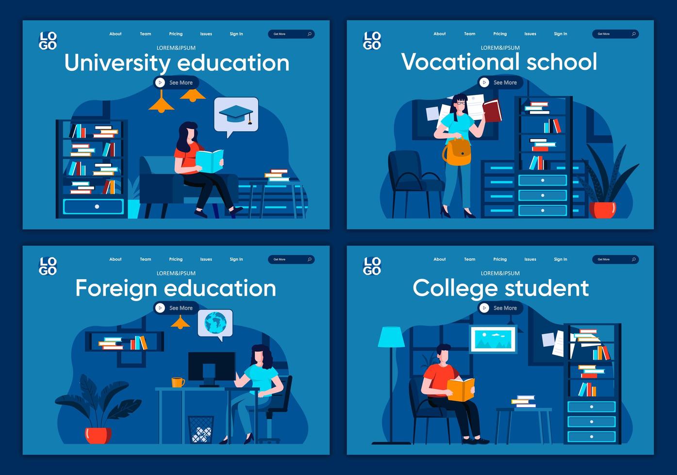 University education, flat landing pages set vector
