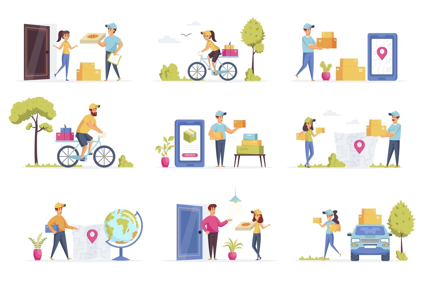 Delivery scenes bundle with people vector
