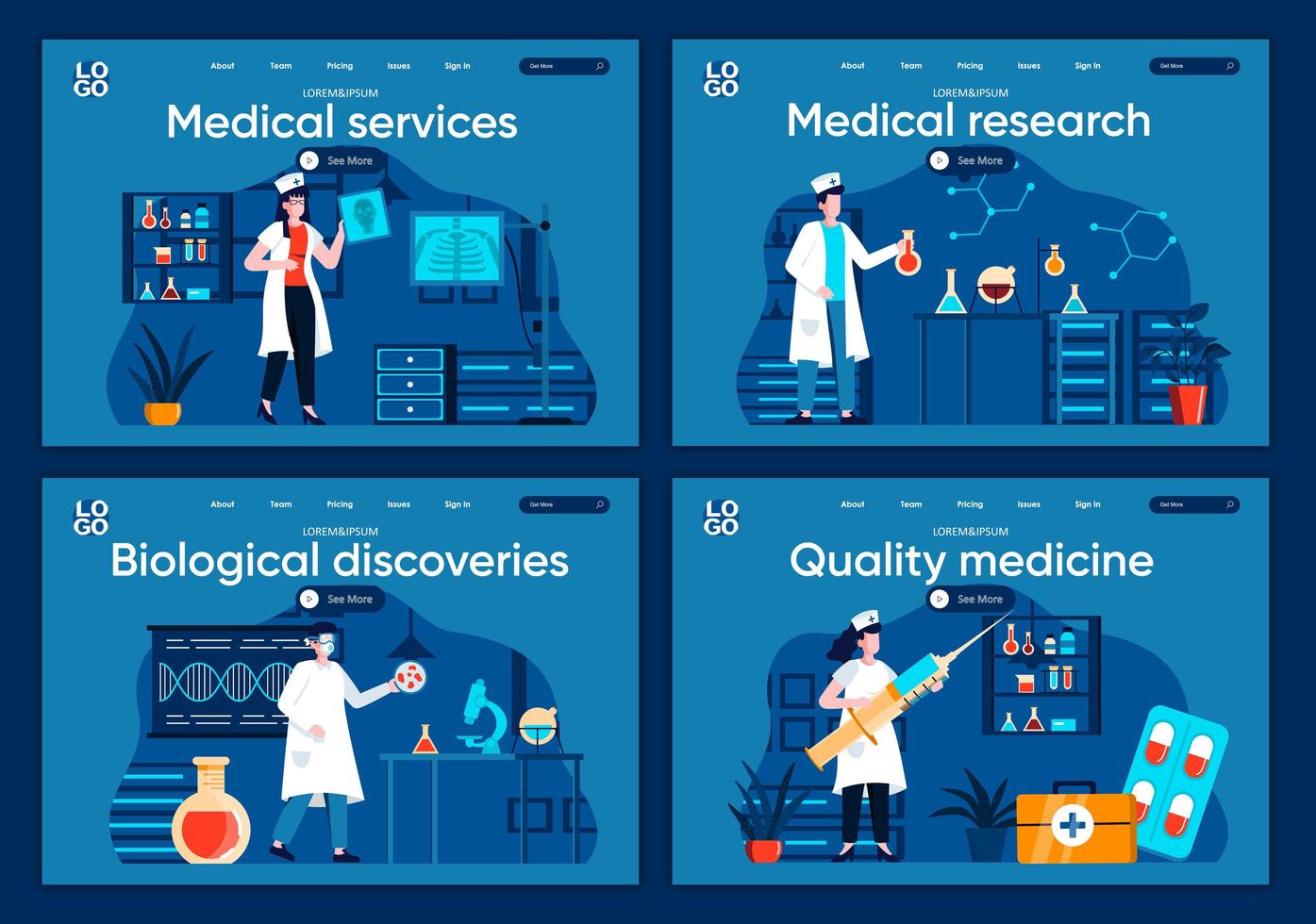 Medical services, flat landing pages set vector