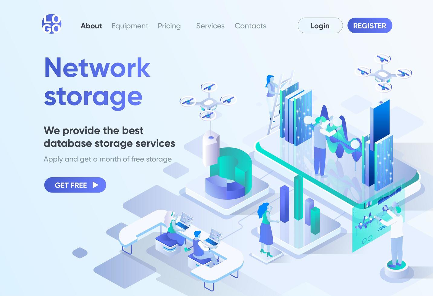 Network storage isometric landing page vector