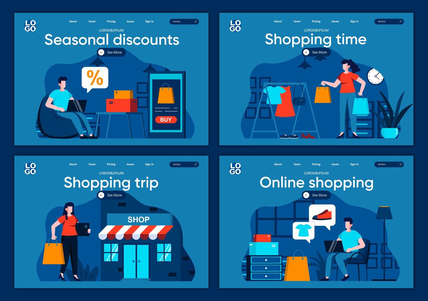 Shopping time, flat landing pages set vector