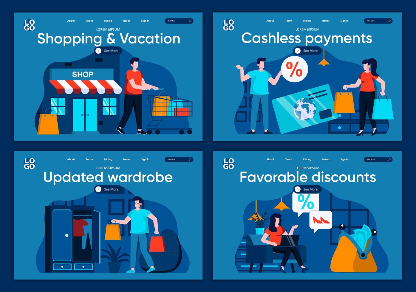 Shopping and vacation, flat landing pages set vector