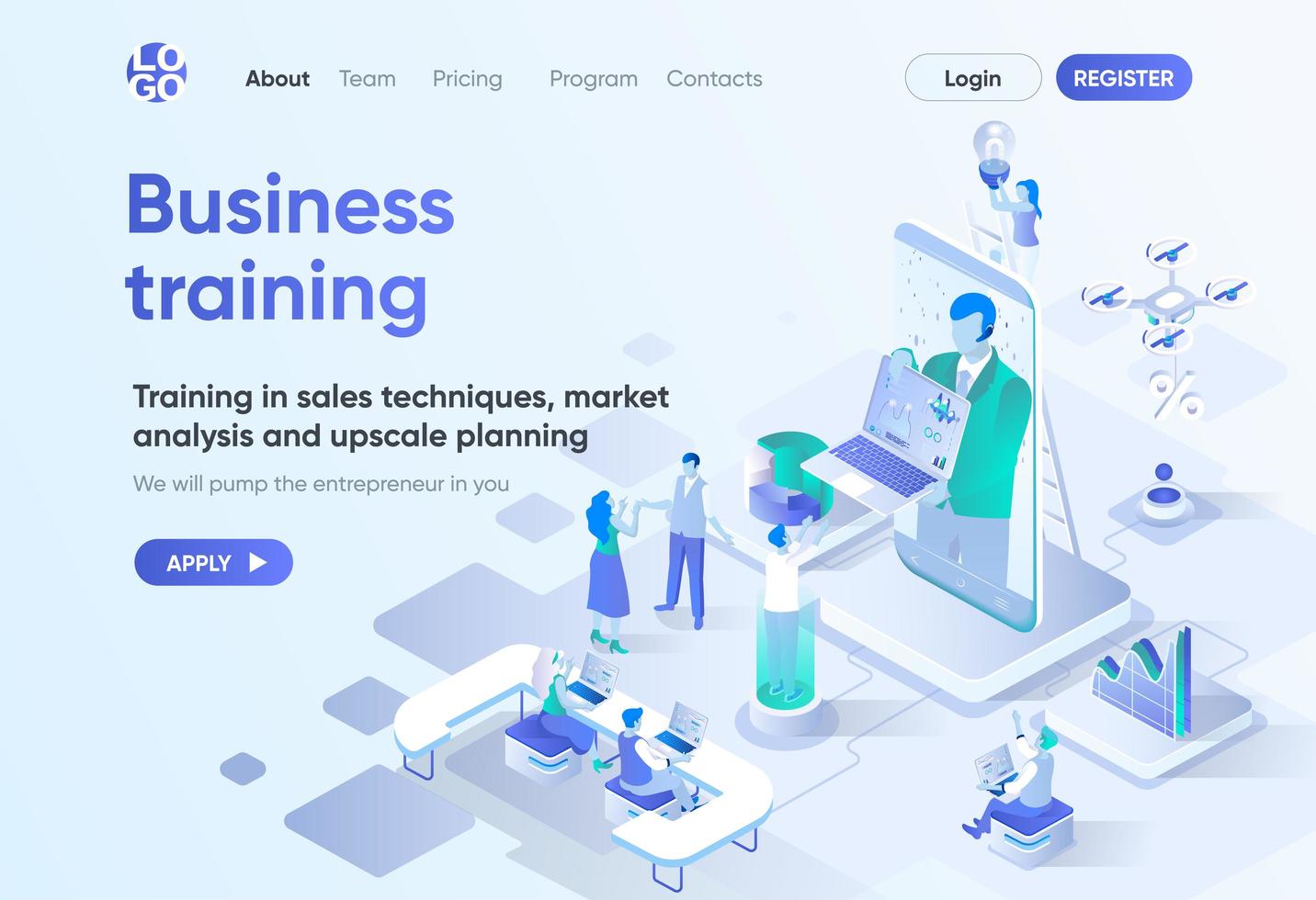 Business training isometric landing page vector