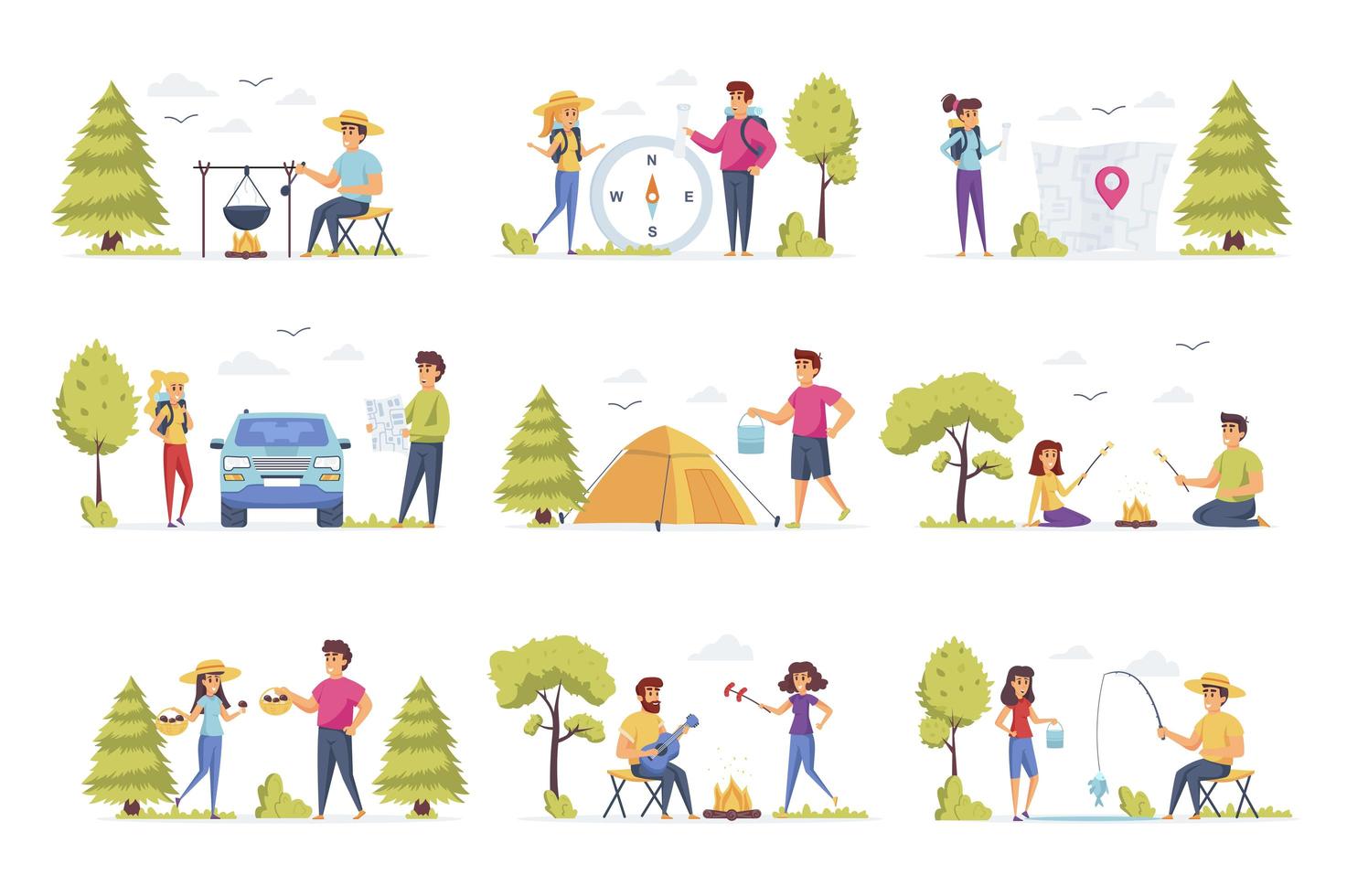 Camping scenes, bundle with people characters vector