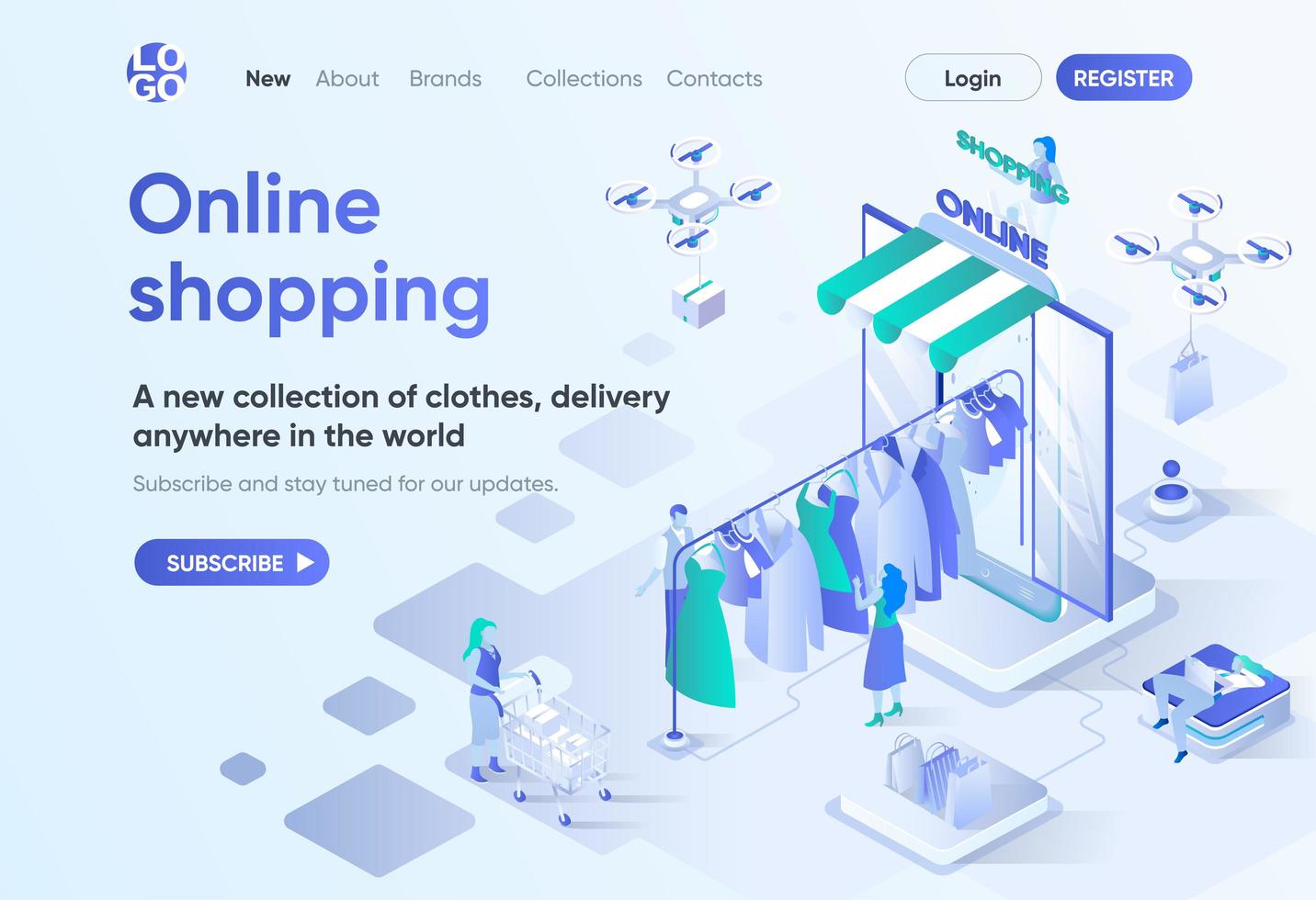 Online shopping, isometric landing page vector