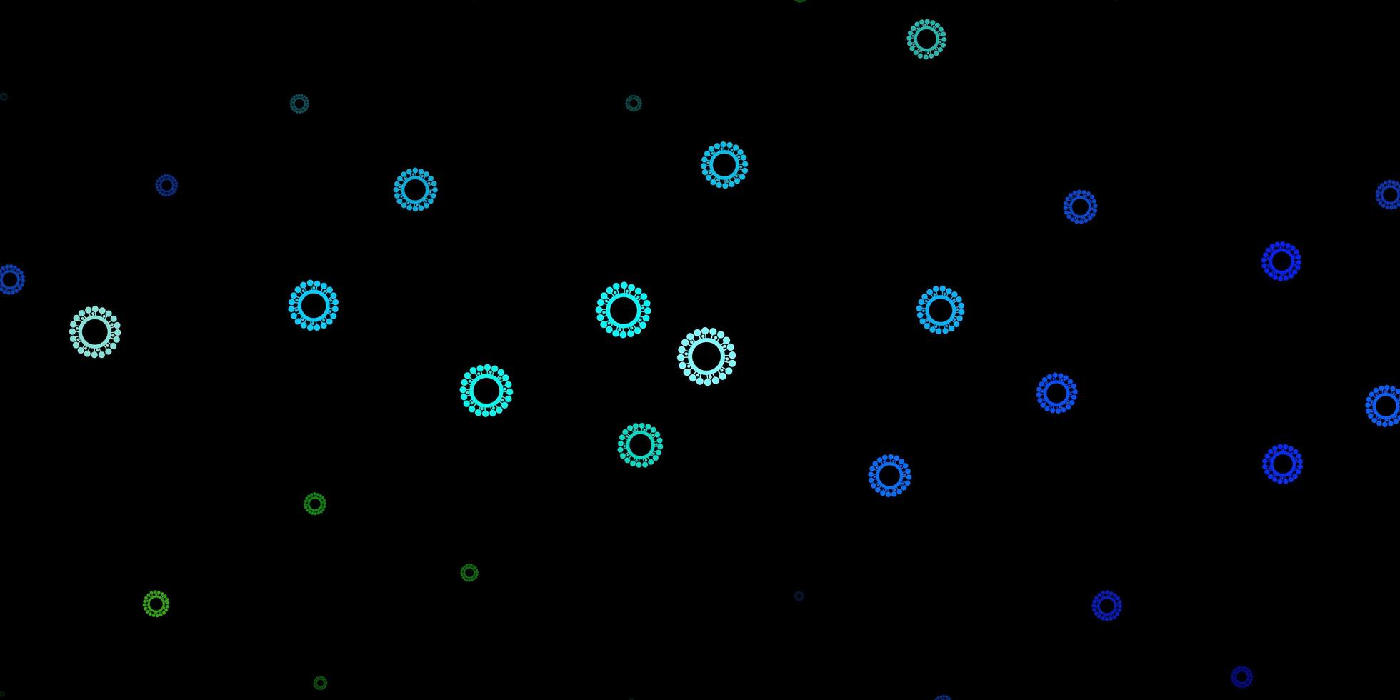 Patrón azul oscuro y verde con elementos de coronavirus. vector