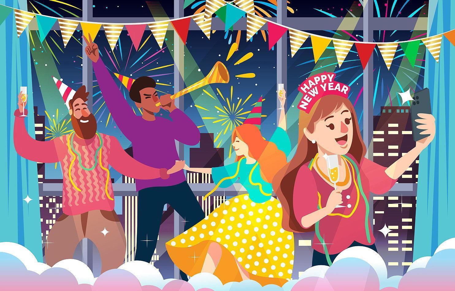 gente celebrando año nuevo ilustración fiesta interior vector