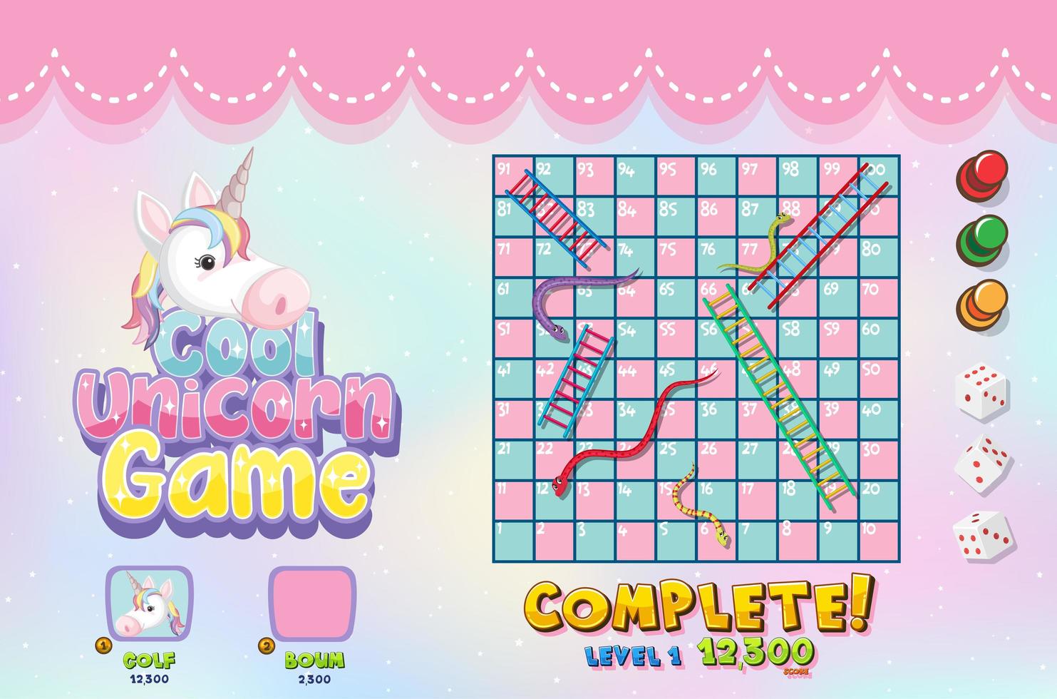 Cool unicorn board game template vector