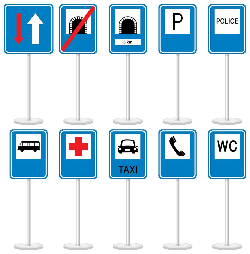 Set of blue road signs with stand isolated on white background vector