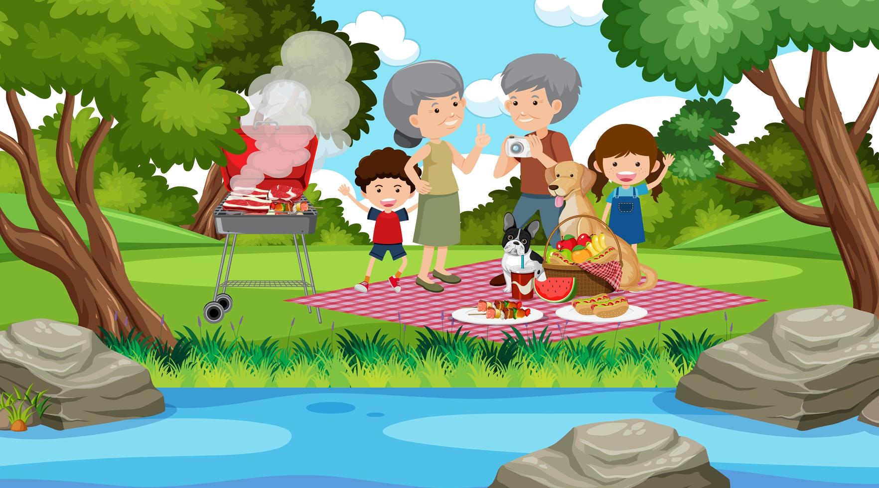 escena de picnic con familia feliz en el jardín vector