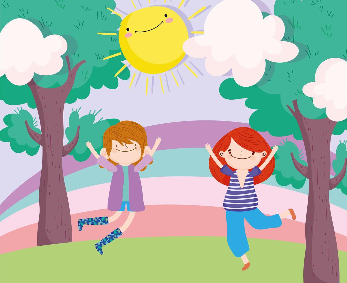 Little boy and girl jumping at the park vector